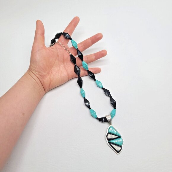 Jay King DRT Sterling Silver Blue Turquoise Onyx Inlay Pendant Beaded Necklace - Picture 4 of 10